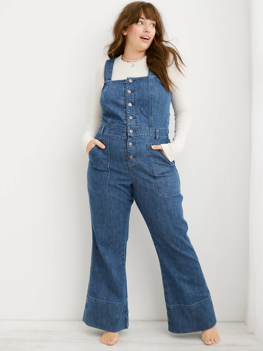 Aerie Denim Kick Flare Overalls XS Blue Wide Leg Adjustable Straps